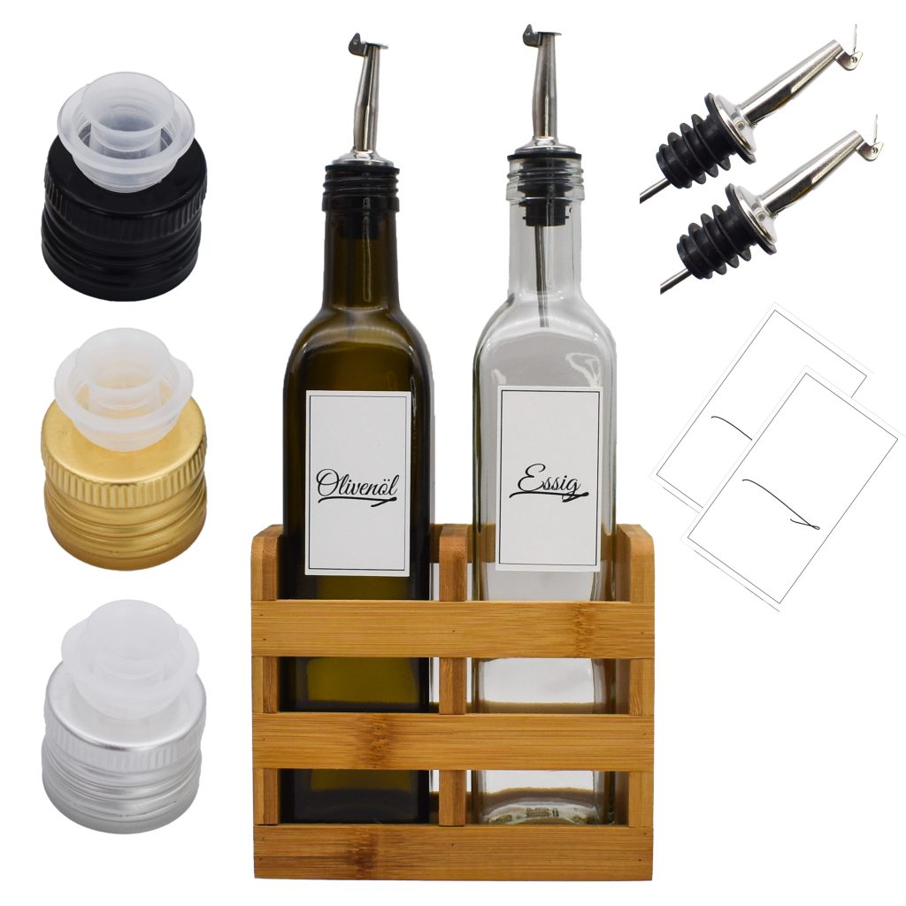 Olivenöl Essig Set mit Behälter aus Bambus 500 ml Flasche Ausgießer