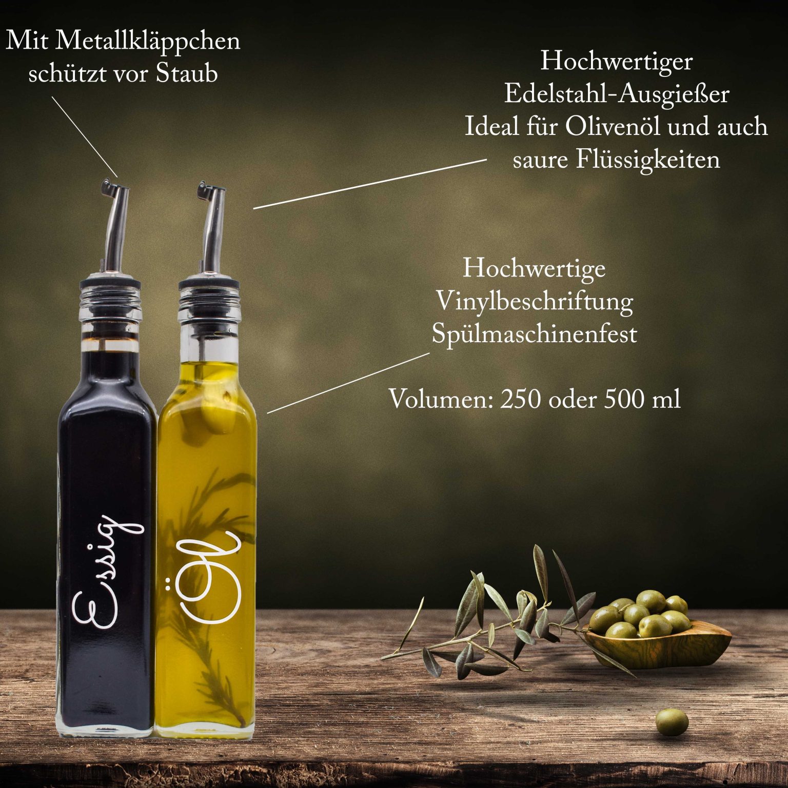 Essig Öl Spender Set Flaschen Glas mit Edelstahl Ausgießer Deckel in