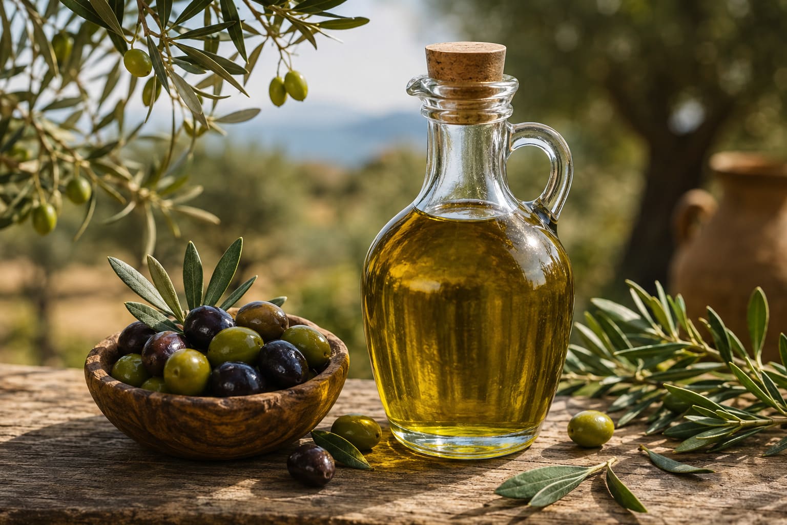 Hochwertiges Olivenöl im Glas mit Olivenzweig