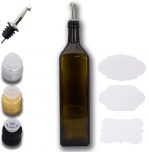 Olivenölflasche 1 Liter mit Edelstahlausgießer – 3 Deckel und 3 Kraftpapier in weiß zum Beschriften