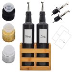 Essig Öl Set mit Bambusbehälter – 500 ml – 2x Edelstahl-Ausgießer – Wasserfest – 6x Deckel in schwarz, gold und silber