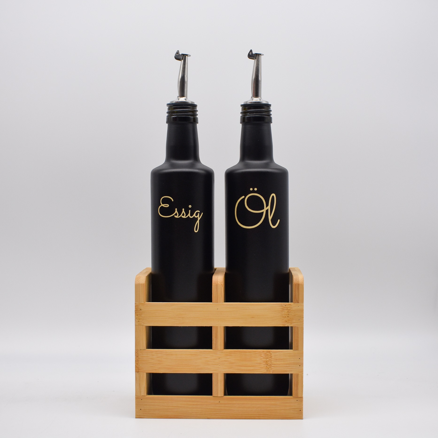 Essig Öl Set schwarz Bambus-Behälter Edelstahl Ausgießer Deckel Ölspender  Essig - Olivenmax - Dein Onlineshop für Olivenöl!