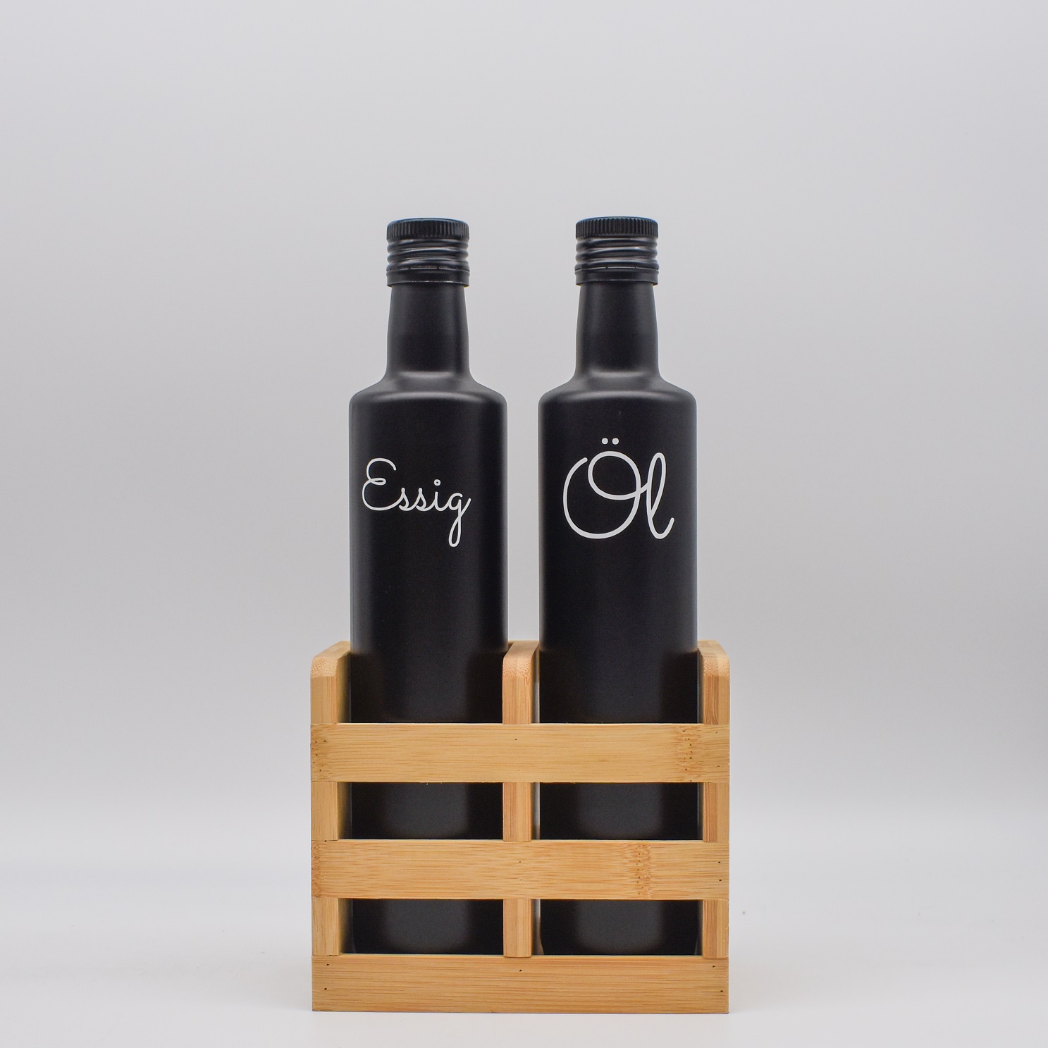 Essig Öl Set schwarz Bambus-Behälter Edelstahl Ausgießer Deckel