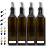 Ölflasche mit Edelstahl-Ausgießer 1 Liter - Deckel in Schwarz, Gold und Silber - Wasserfestes Etikett in Größe 4x 1 Liter
