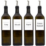 Ölflaschen-Set mit Edelstahl-Ausgießer - 1 Liter - wasserfeste Etiketten - Made in Germany - mit Deckel - langlebig - minimalistisch in Variante 4er Set