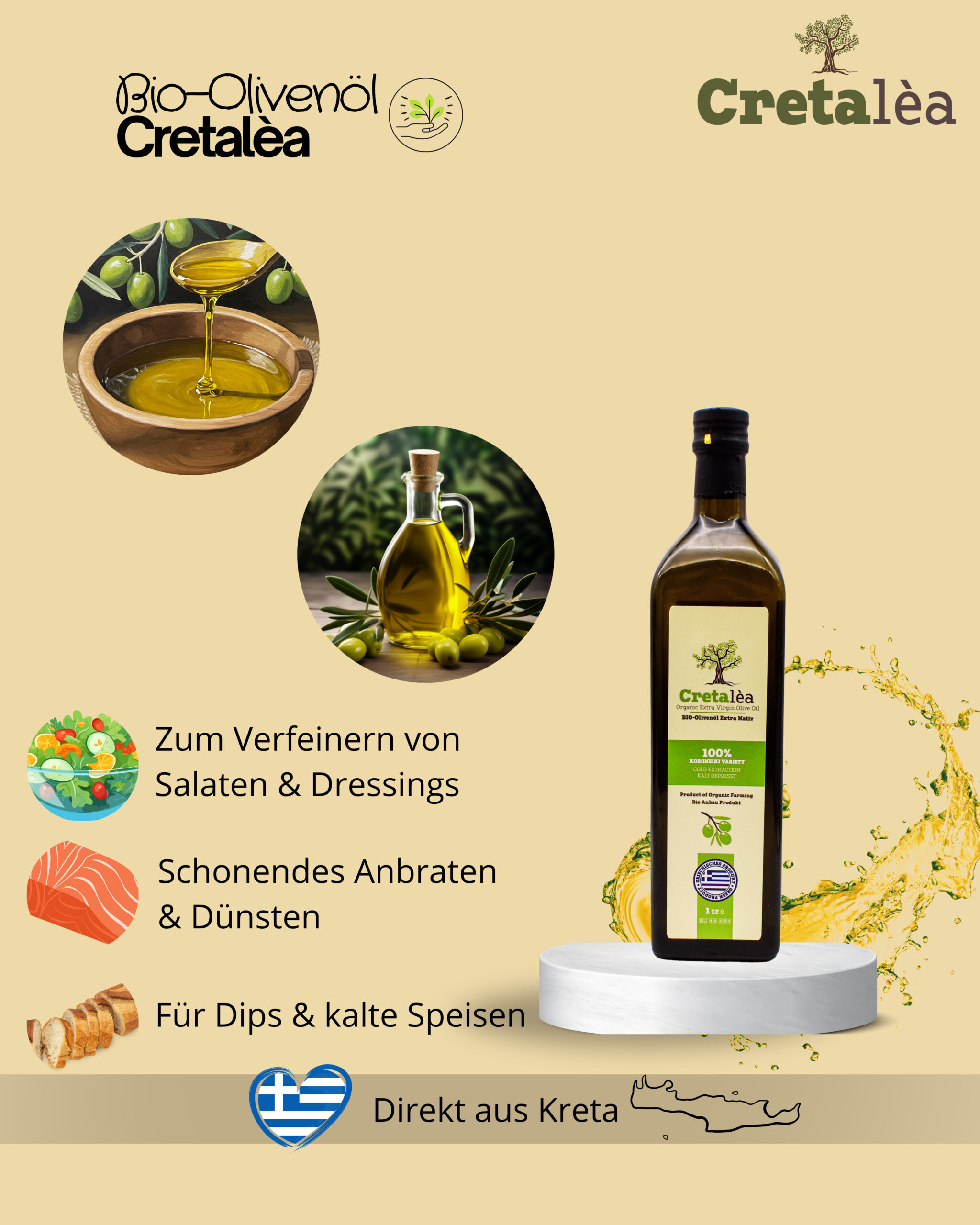 Cretalèa Bio Olivenöl 1 Liter Flasche + 2x Melissotis Honig Geschmack nach Wahl – Bild 9