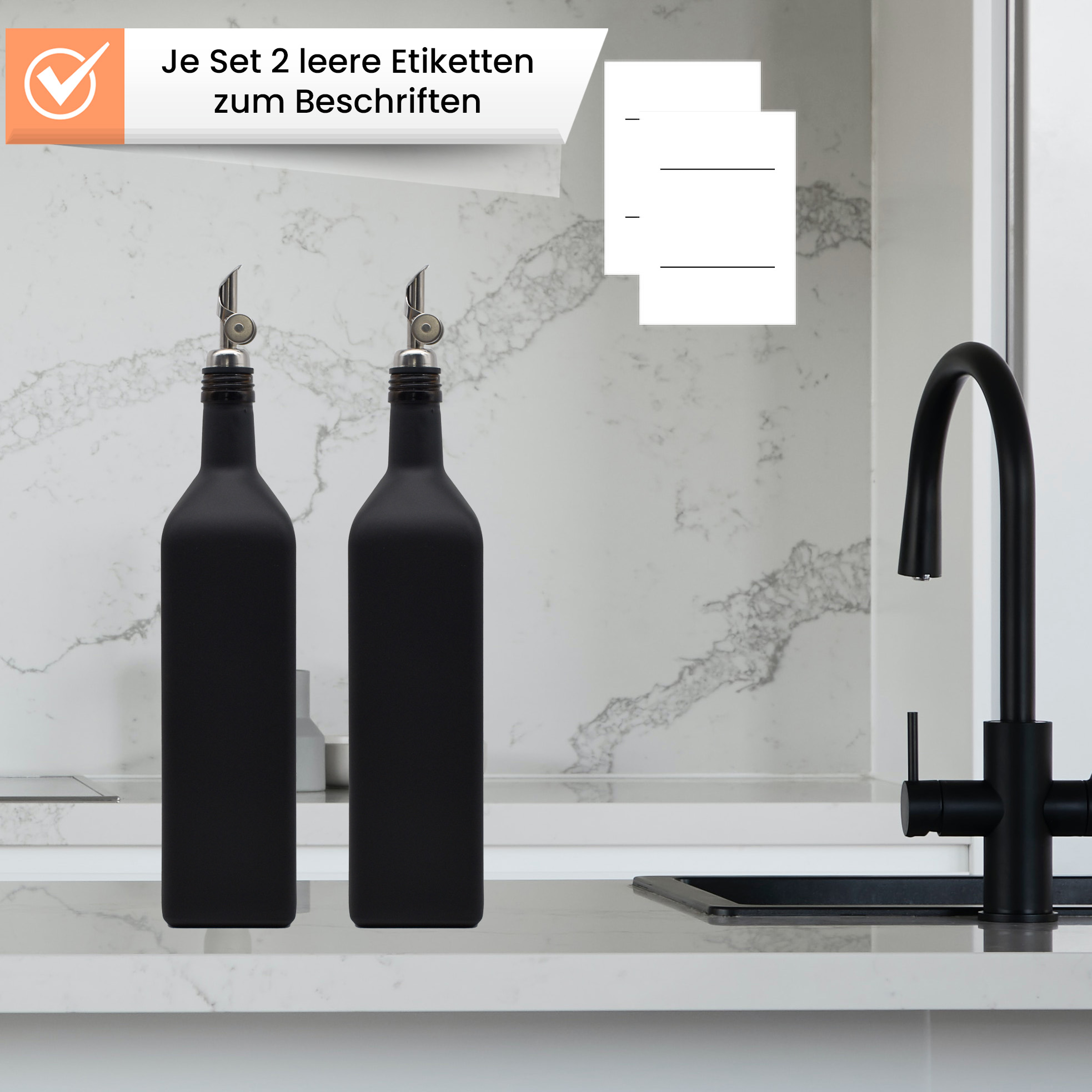 Ölflaschen Set Schwarz-matt aus Glas mit Edelstahl-Ausgießer 1 Liter  wasserfeste Etiketten mit Free-Flow-Ausgießer - Olivenmax - Dein Onlineshop  für