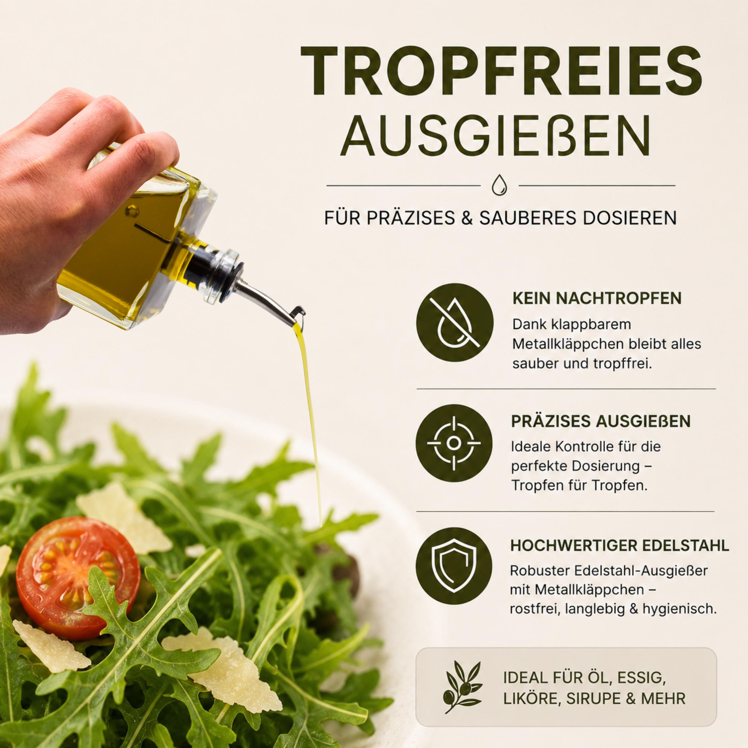 Flasche zum befüllen 500ml mit Edelstahl-Ausgießer und Korken für Öl, Essig, Likör, Whiskey, Gin - ideal zum Verschenken – Bild 2