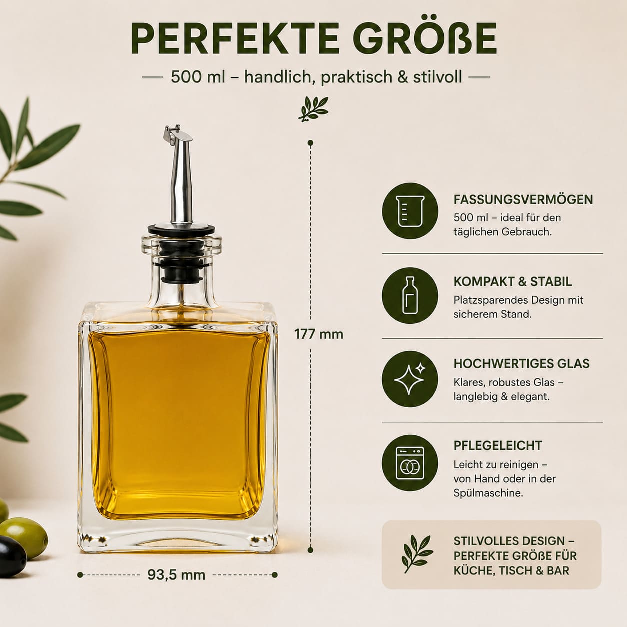 Flasche zum befüllen 500ml mit Edelstahl-Ausgießer und Korken für Öl, Essig, Likör, Whiskey, Gin - ideal zum Verschenken – Bild 3