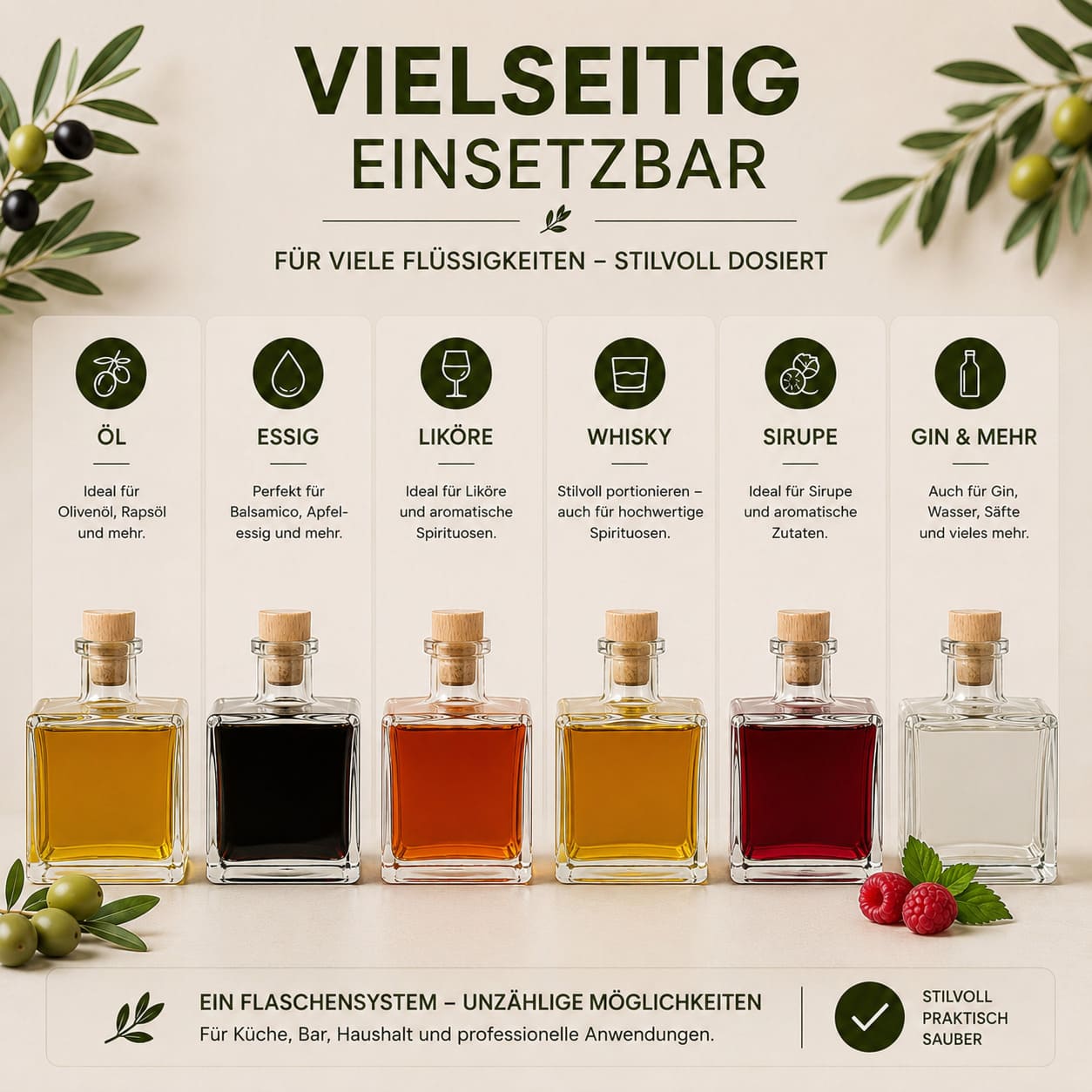 Flasche zum befüllen 500ml mit Edelstahl-Ausgießer und Korken für Öl, Essig, Likör, Whiskey, Gin - ideal zum Verschenken – Bild 4