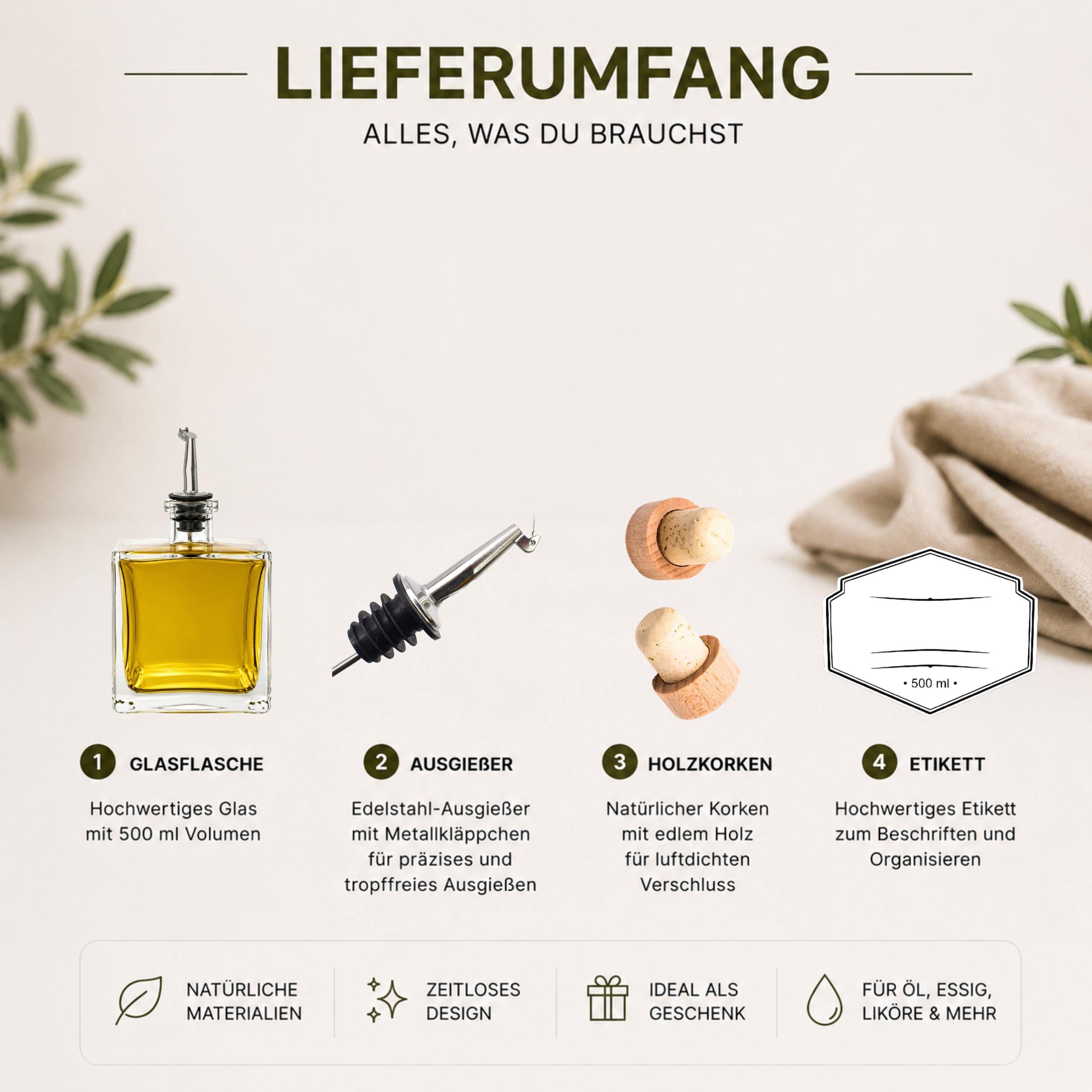 Flasche zum befüllen 500ml mit Edelstahl-Ausgießer und Korken für Öl, Essig, Likör, Whiskey, Gin - ideal zum Verschenken – Bild 5