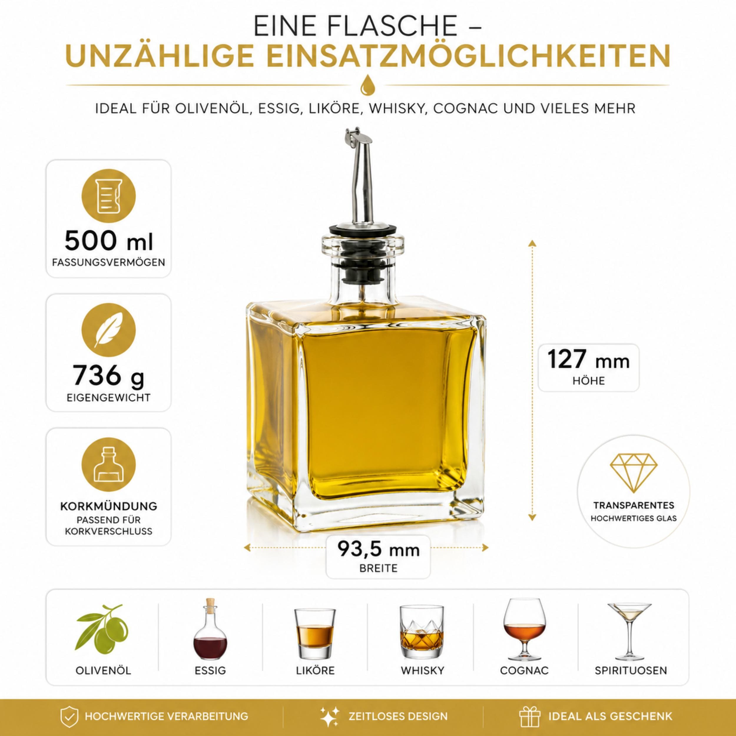 Flasche zum befüllen 500ml mit Edelstahl-Ausgießer und Korken für Öl, Essig, Likör, Whiskey, Gin - ideal zum Verschenken – Bild 6
