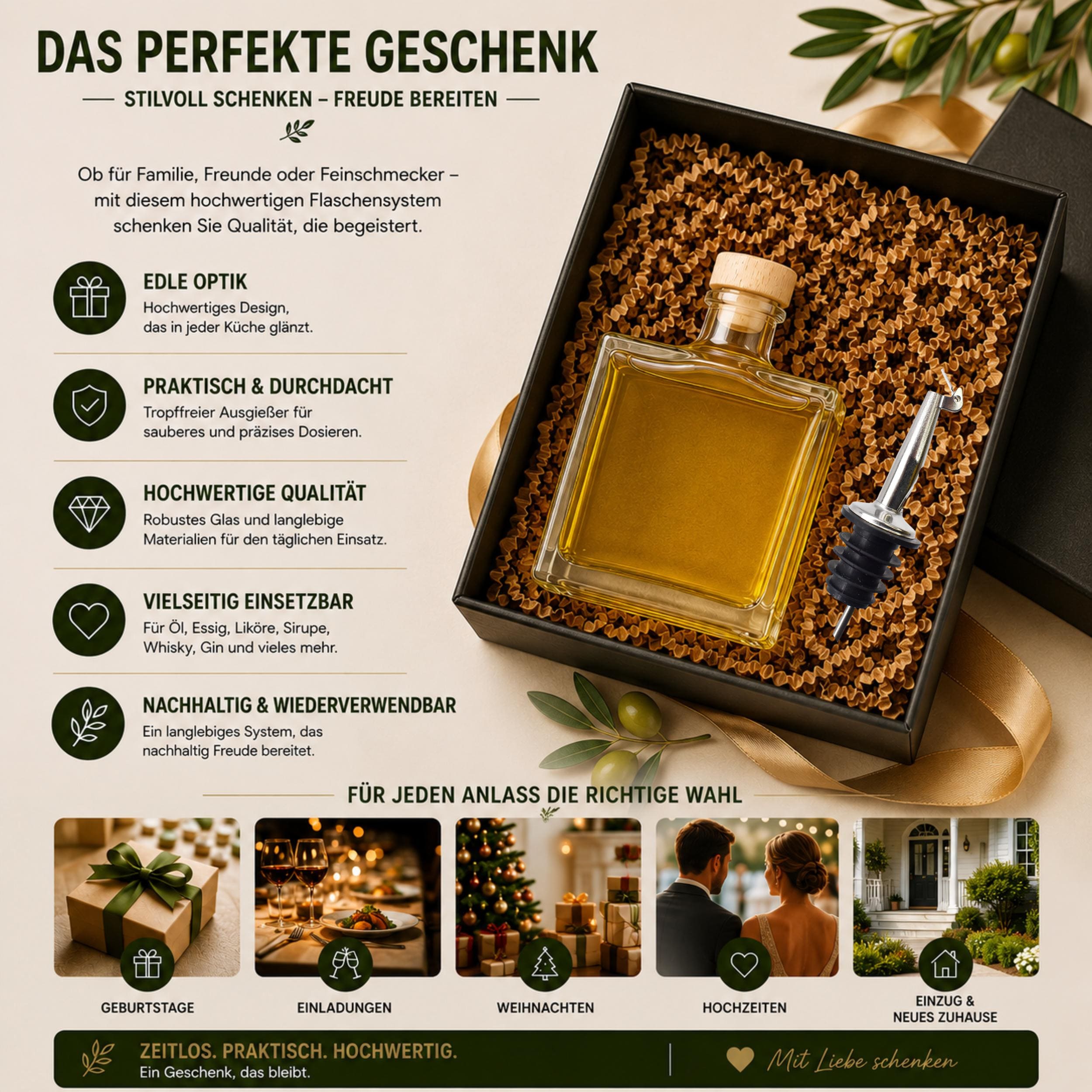Flasche zum befüllen 500ml mit Edelstahl-Ausgießer und Korken für Öl, Essig, Likör, Whiskey, Gin - ideal zum Verschenken – Bild 7