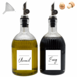 Essig Öl Flaschen Set - 500 ml - Edelstahl-Ausgießer öffnet und schließt automatisch, inkl. Trichter und Holzkorken in Schriftart 1