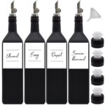 Ölflasche 1l aus Glas in schwarz-matt mit Edelstahl-Ausgießer, Deckel, Trichter und wasserfeste Etiketten in Verschluss Free-Flow-Ausgießer