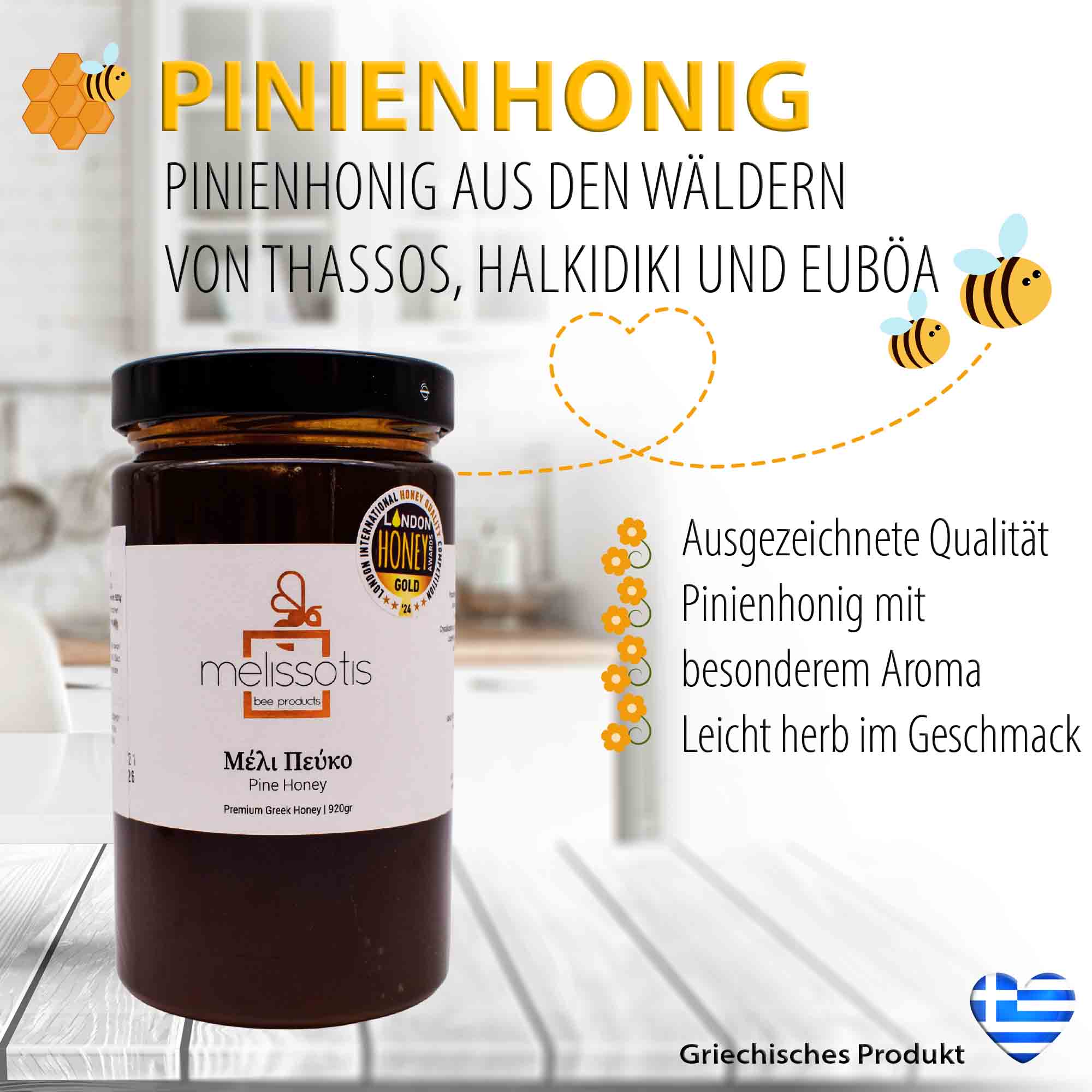 Griechischer Premium Honig Melissotis, naturrein & Unverfälscht - 920g, Traditionelle Imkerei in 3. Generation - Pinienhonig – Bild 2