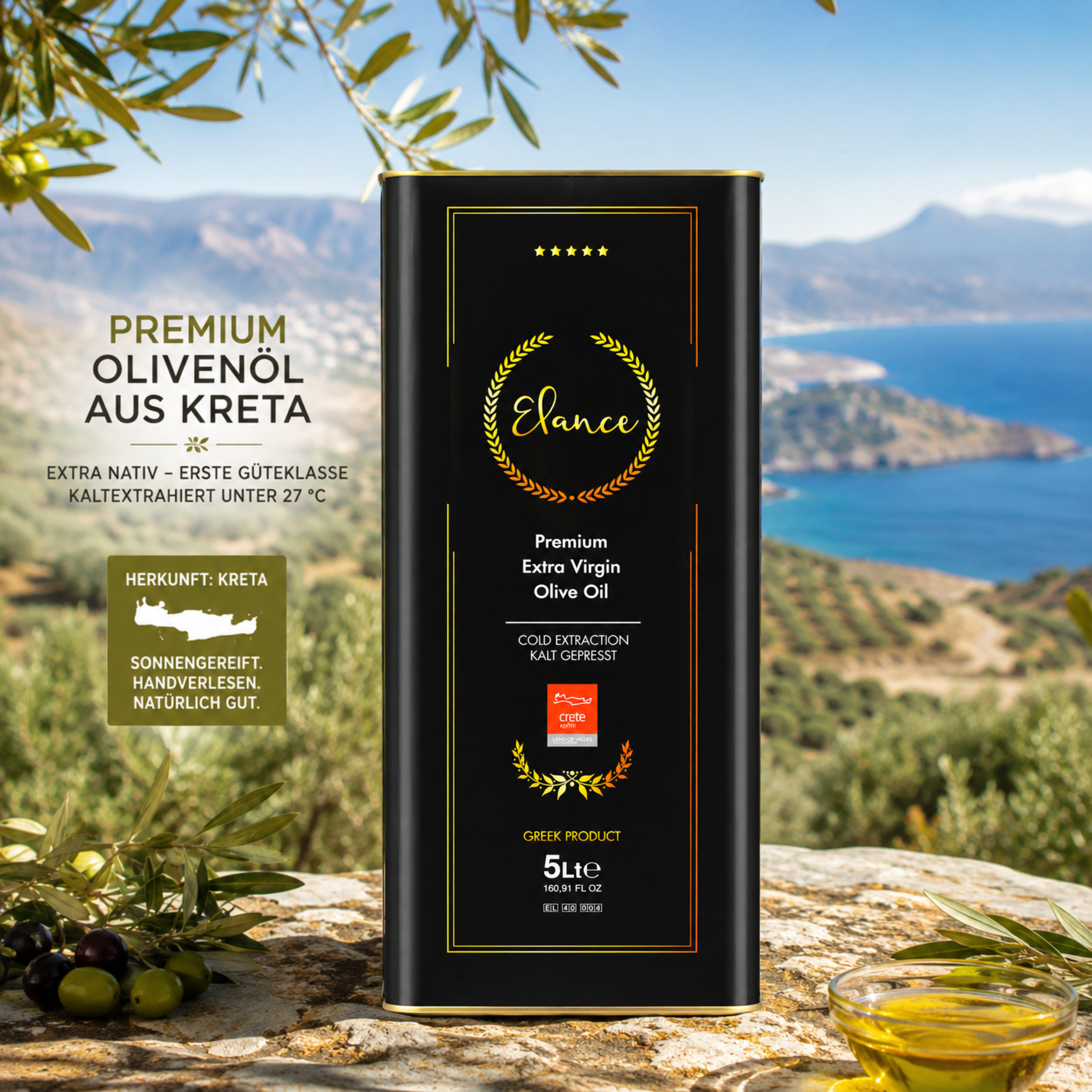 Olivenöl Elance 5 Liter Extra Nativ Premium - geringer Säuregehalt - Neue Ernte - Direkt aus Kreta, Griechenland - Erste-Güteklasse - 100% Handverlesen – Bild 2