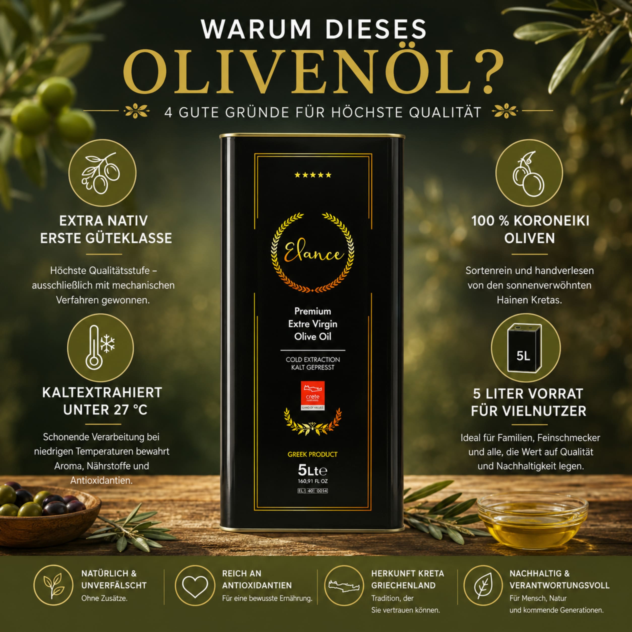 Olivenöl Elance 5 Liter Extra Nativ Premium - geringer Säuregehalt - Neue Ernte - Direkt aus Kreta, Griechenland - Erste-Güteklasse - 100% Handverlesen – Bild 3