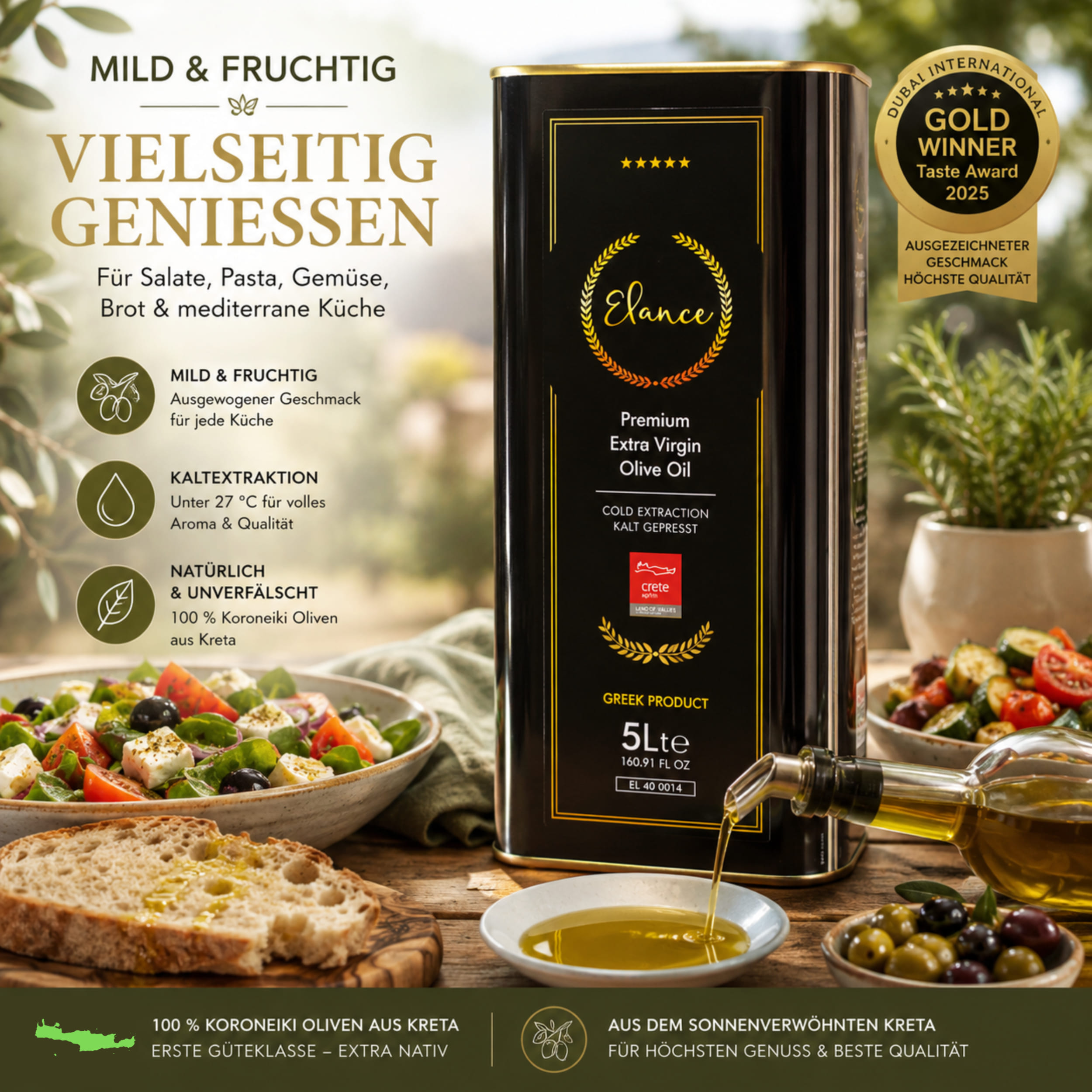 Olivenöl Elance 5 Liter Extra Nativ Premium - geringer Säuregehalt - Neue Ernte - Direkt aus Kreta, Griechenland - Erste-Güteklasse - 100% Handverlesen – Bild 5