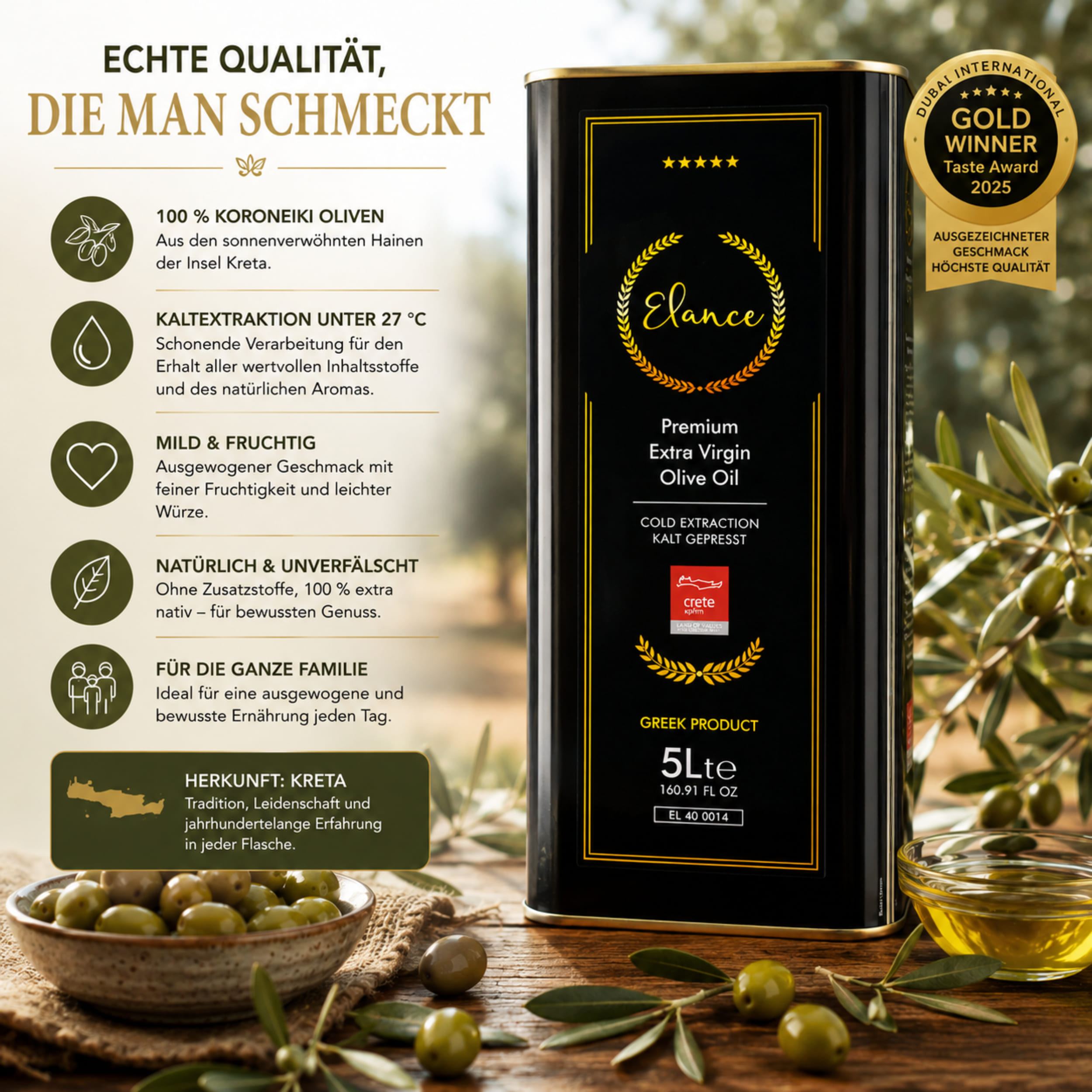 Olivenöl Elance 5 Liter Extra Nativ Premium - geringer Säuregehalt - Neue Ernte - Direkt aus Kreta, Griechenland - Erste-Güteklasse - 100% Handverlesen – Bild 6