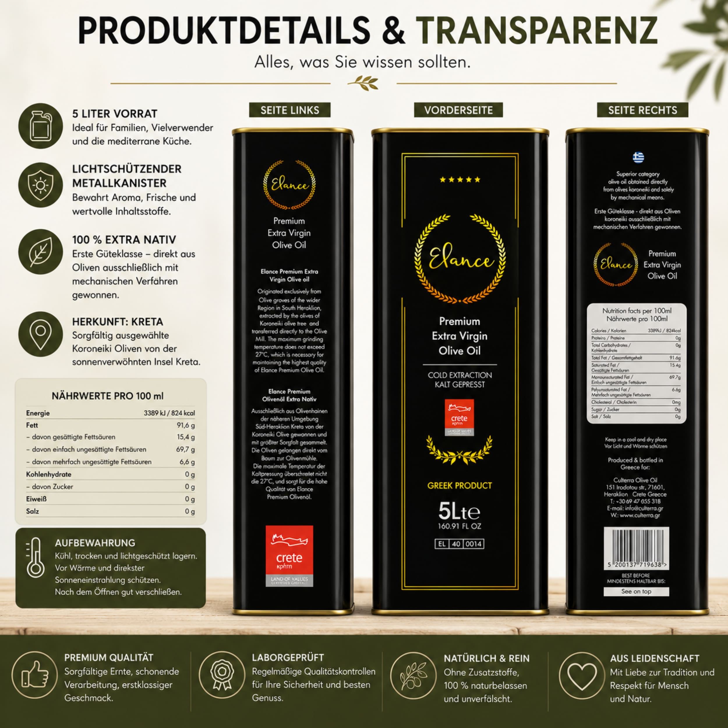 Olivenöl Elance 5 Liter Extra Nativ Premium - geringer Säuregehalt - Neue Ernte - Direkt aus Kreta, Griechenland - Erste-Güteklasse - 100% Handverlesen – Bild 7
