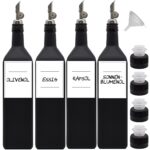 Ölflasche 1l aus Glas in schwarz-matt mit Edelstahl-Ausgießer, Deckel, Trichter und wasserfeste Etiketten in Verschluss Free-Flow-Ausgießer