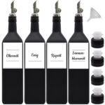 Ölflasche 1l aus Glas in schwarz-matt mit Edelstahl-Ausgießer, Deckel, Trichter und wasserfeste Etiketten in Verschluss Free-Flow-Ausgießer