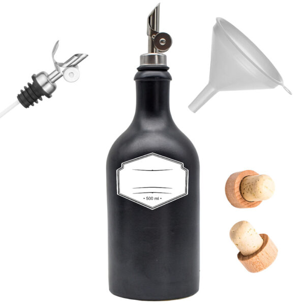 Steinzeugflasche Made in Germany 500 ml inkl. Free-Flow-Ausgießer, Trichter, Holzkorken und wasserfestes Etikett