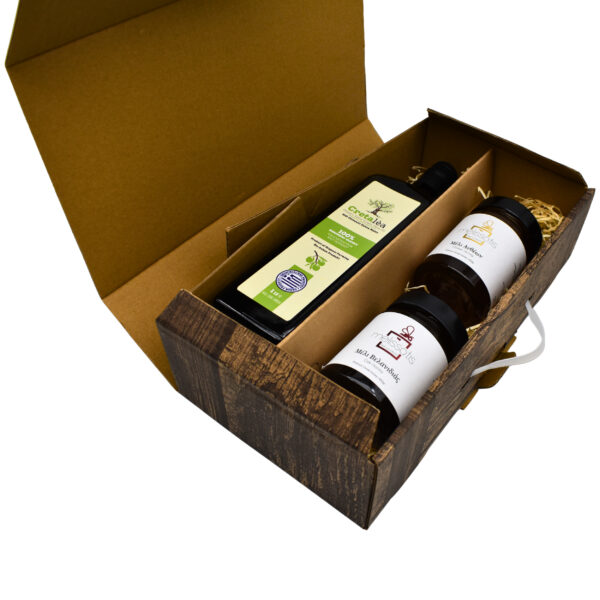 Cretalèa Bio Olivenöl 1 Liter Flasche + 2x Melissotis Honig Geschmack nach Wahl