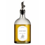 Ölspender Glasflasche mit Ausgießer 500ml – Tropfsicherer Edelstahl Ölspender mit Automatikverschluss inkl. Etikett (DE/EN/TR/AR) – Essig & Öl Flasche in Sprache Deutsch