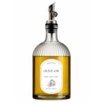 Ölspender Glasflasche mit Ausgießer 500ml – Tropfsicherer Edelstahl Ölspender mit Automatikverschluss inkl. Etikett (DE/EN/TR/AR) – Essig & Öl Flasche in Sprache Englisch
