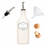 Steinzeug Ölflasche Weiß 500 ml mit Edelstahl Ausgießer – Keramik Ölspender für Olivenöl, Essig & Dressing