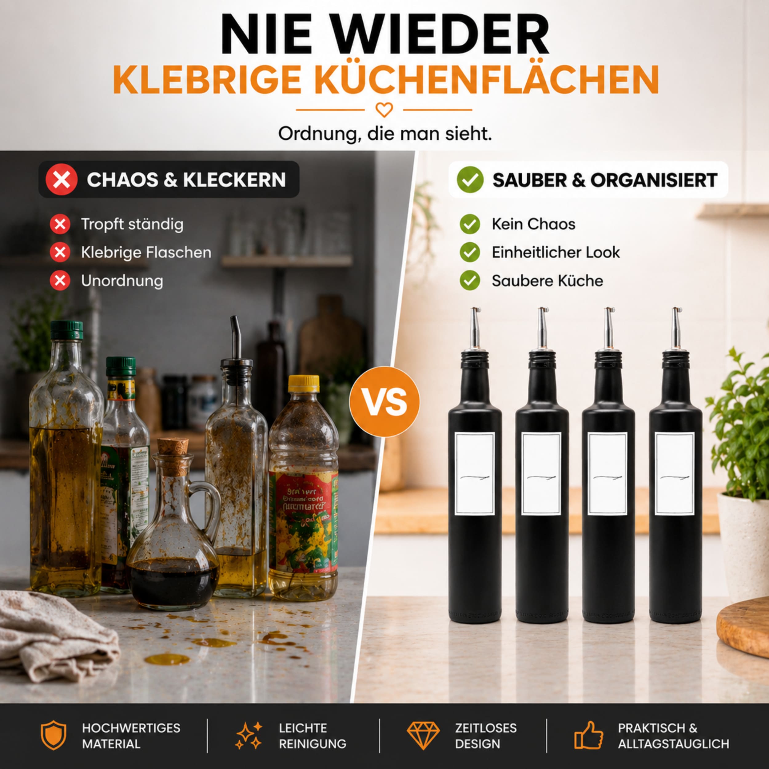 Essig und Ölflaschen Set 4x 500ml Schwarz-Matt mit Edelstahl Ausgießer – Bild 2