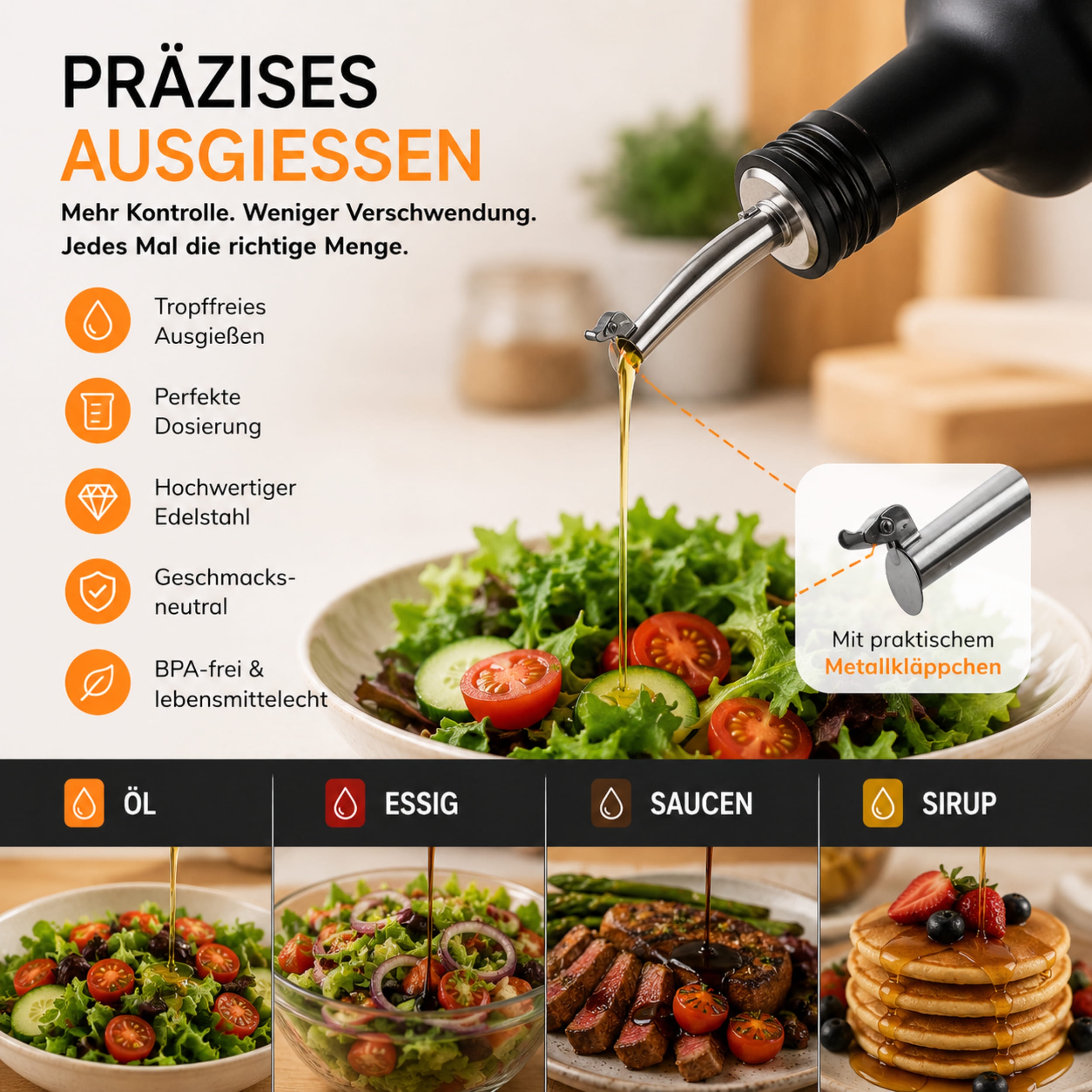 Essig und Ölflaschen Set 4x 500ml Schwarz-Matt mit Edelstahl Ausgießer – Bild 3