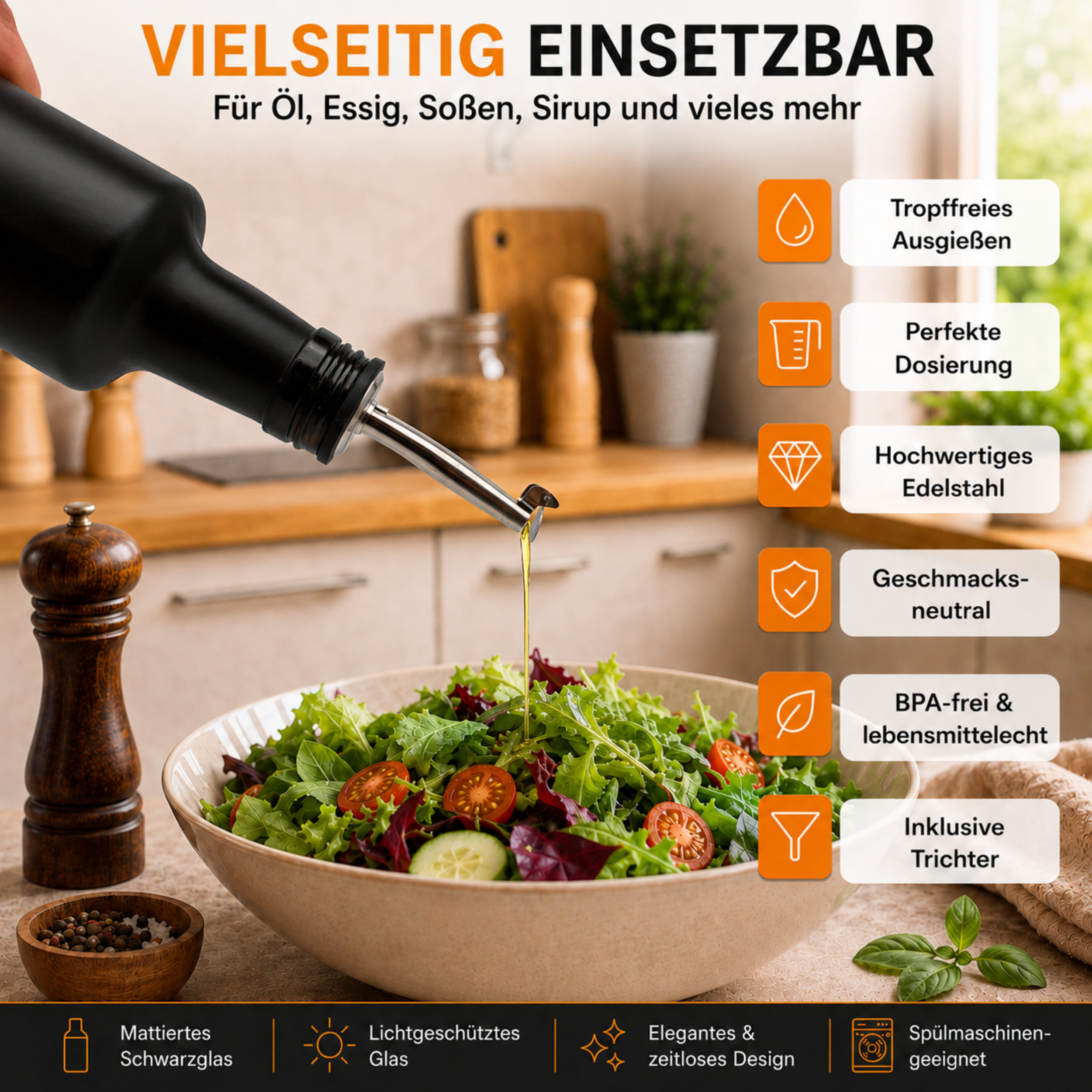 Essig und Ölflaschen Set 4x 500ml Schwarz-Matt mit Edelstahl Ausgießer – Bild 4