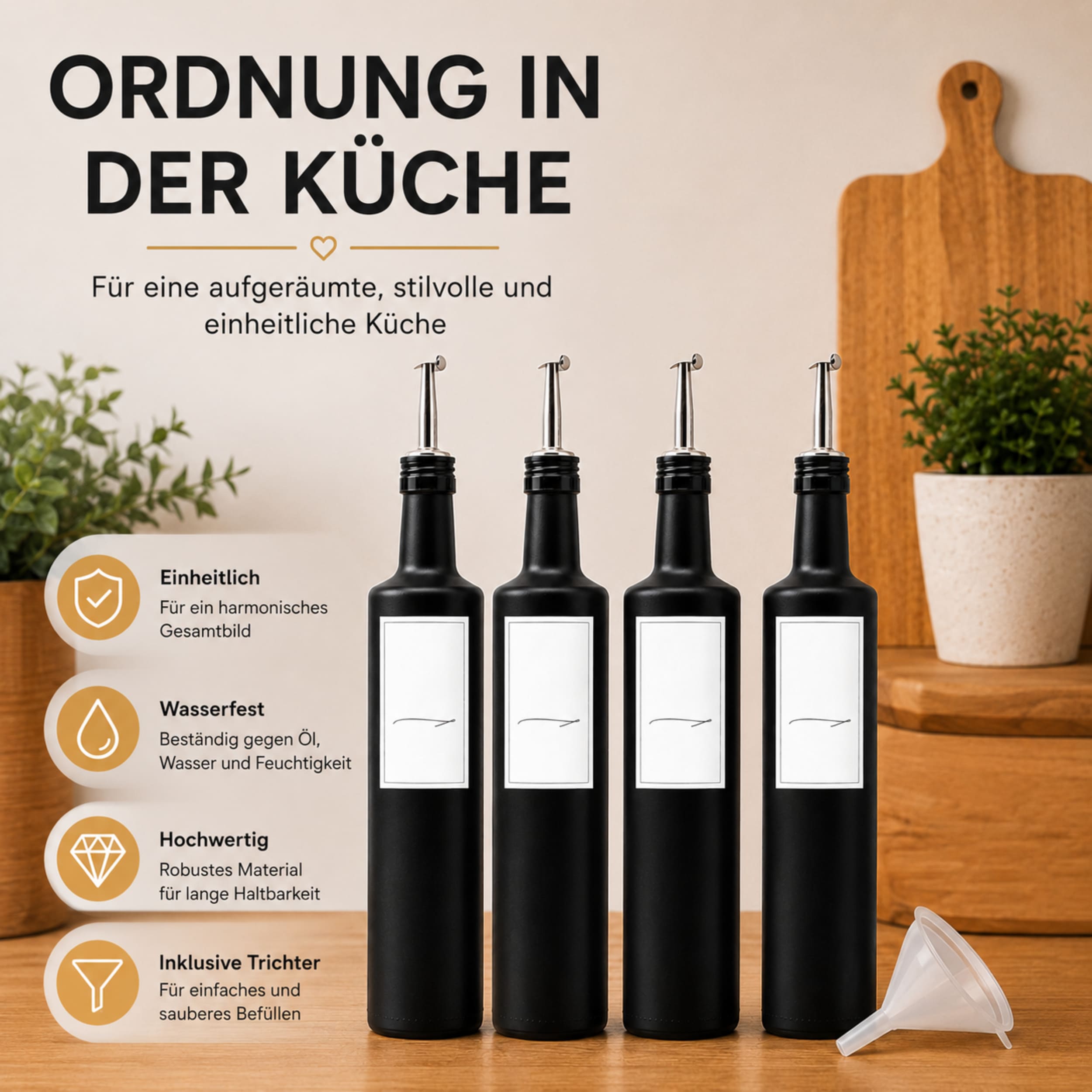 Essig und Ölflaschen Set 4x 500ml Schwarz-Matt mit Edelstahl Ausgießer – Bild 5