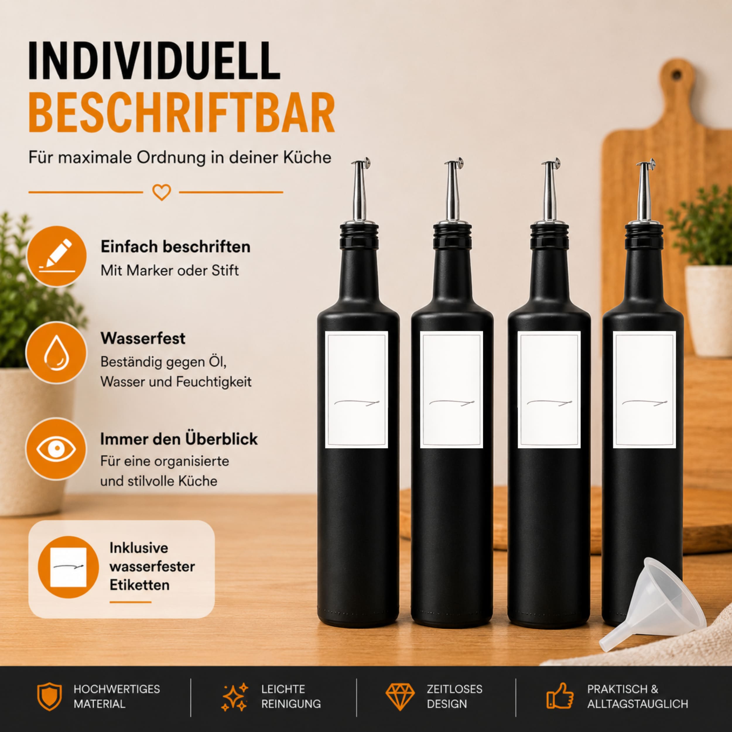Essig und Ölflaschen Set 4x 500ml Schwarz-Matt mit Edelstahl Ausgießer – Bild 6