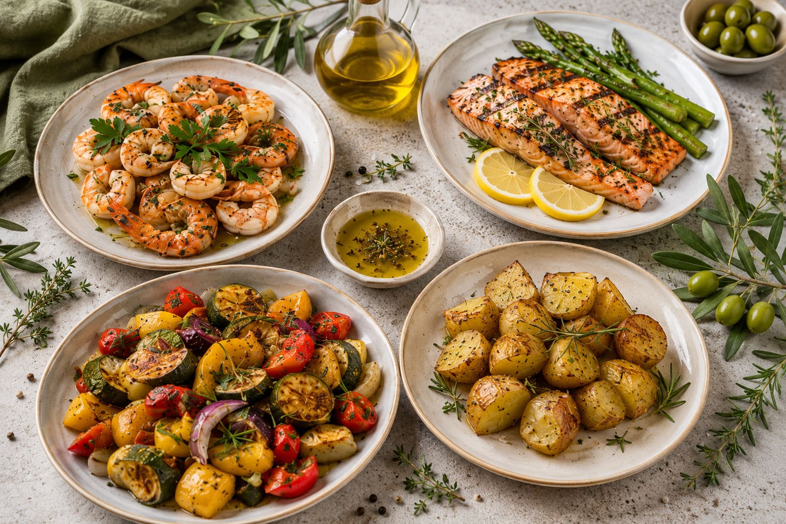 Mediterrane Gerichte mit Olivenöl, Gemüse, Fisch und Kartoffeln