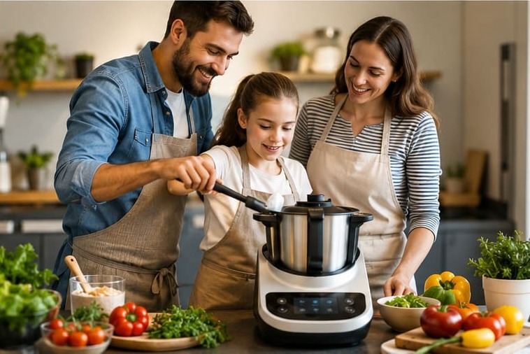 Familie kocht mit moderner Küchenmaschine
