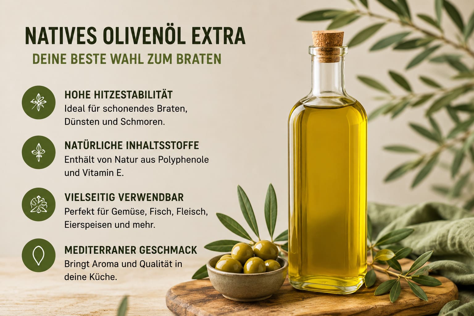 Natives Olivenöl extra mit Bulletpoints zum Braten