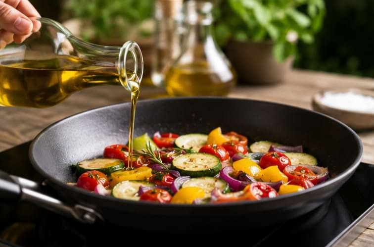 Olivenöl wird in eine Pfanne gegeben zum Braten von Gemüse