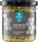 Bio Honigzubereitung mit Schwarzkümmelöl in Variante 180 g mit Samen und Öl