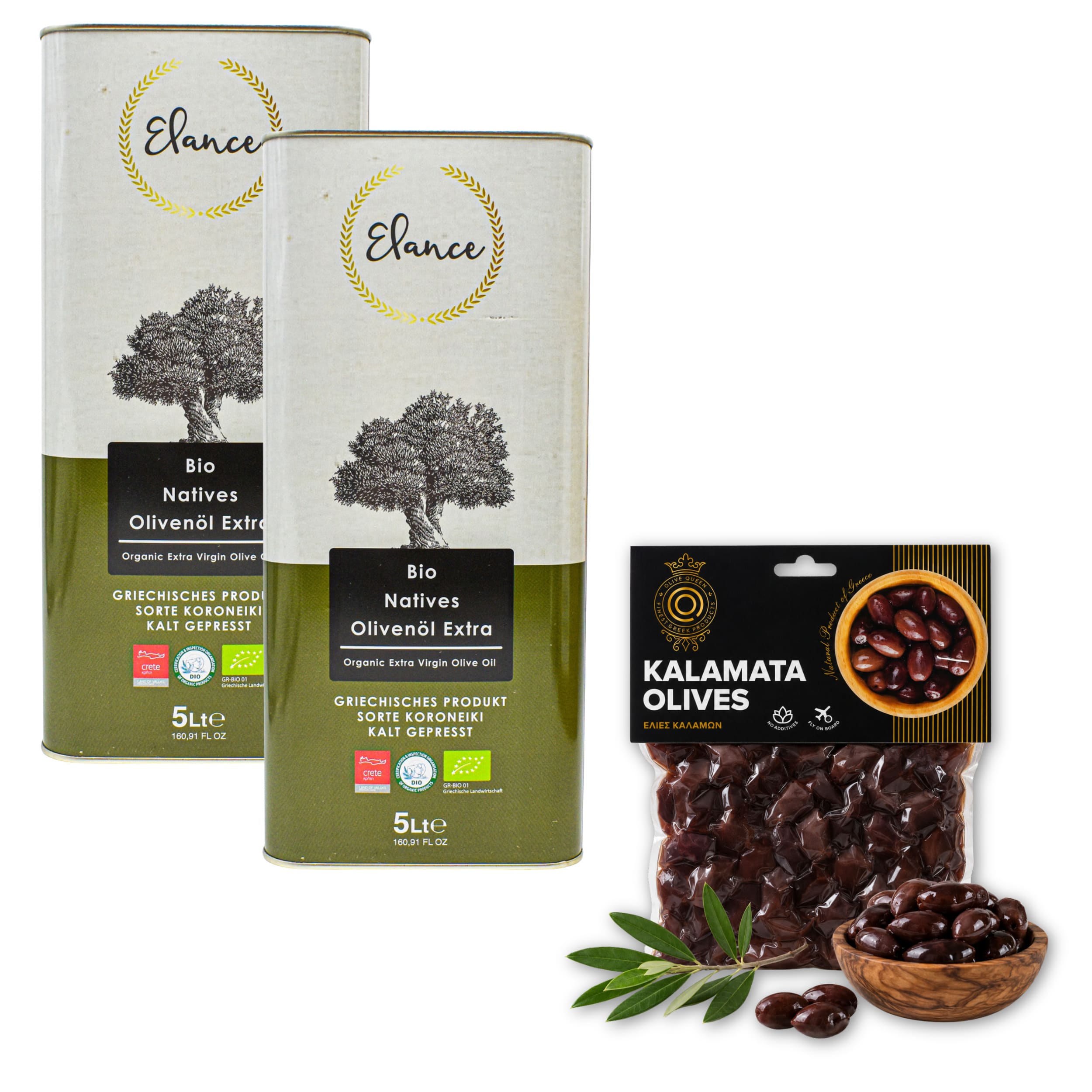 Elance Bio Olivenöl Vorteilspaket 2 × 5 L + 250 g Kalamata Oliven gratis