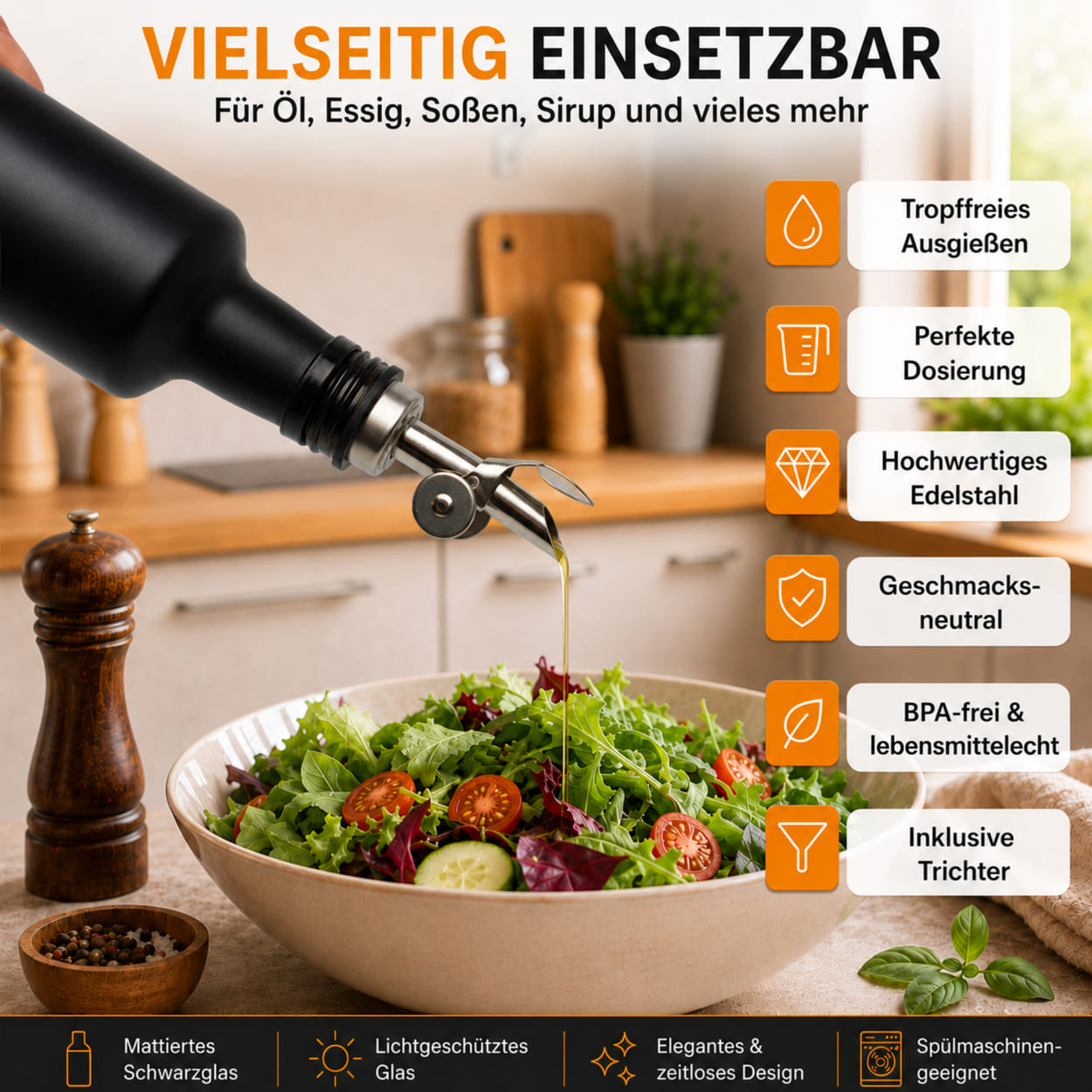 Essig und Ölflaschen Set 4x 500ml Schwarz-Matt mit Free-Flow-Ausgießer – Bild 3
